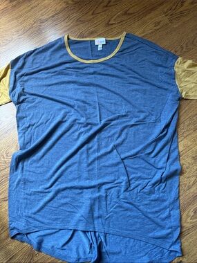 LuLaRoe Blue Tee with Mustard Trim